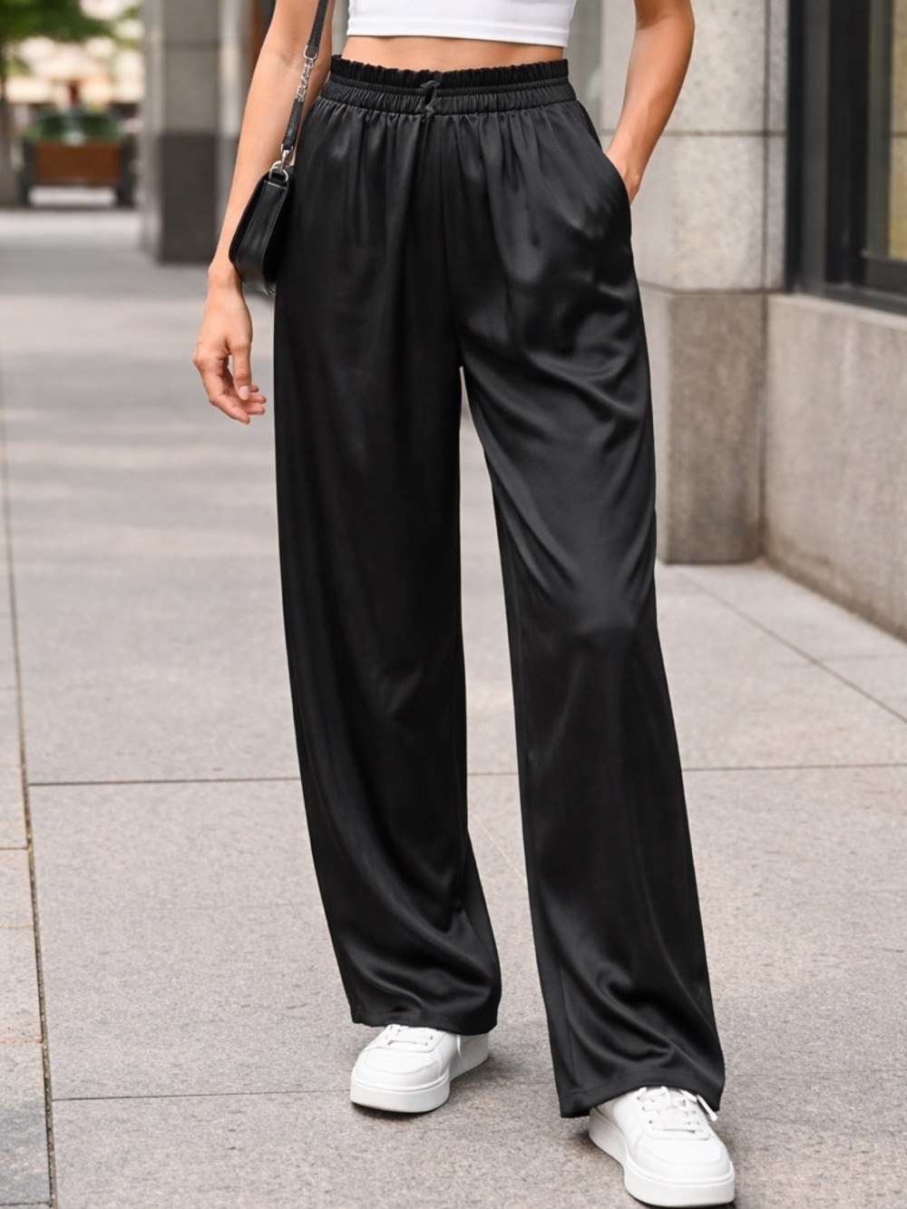 Satin Wide-Leg Pants with Elastic Waist in Black